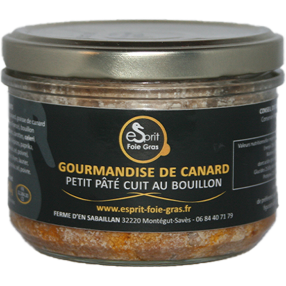 Petit pâté de canard cuit au bouillon - Gourmandise de canard à foie gras du Sud Ouest IGP. Effiloché à la main façon rillettes. 100% viande de Canard à foie gras du Sud Ouest IGP.