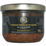 lentilles vertes du Puy AOP au jus cuisiné. Peau fine, non farineuses, cuisinées au jus de viande. parfait pour accompagné un confit de canard