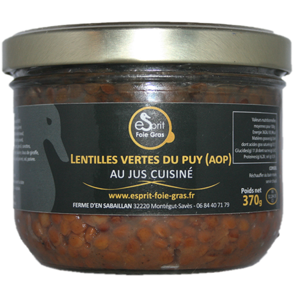 lentilles vertes du Puy AOP au jus cuisiné. Peau fine, non farineuses, cuisinées au jus de viande. parfait pour accompagné un confit de canard