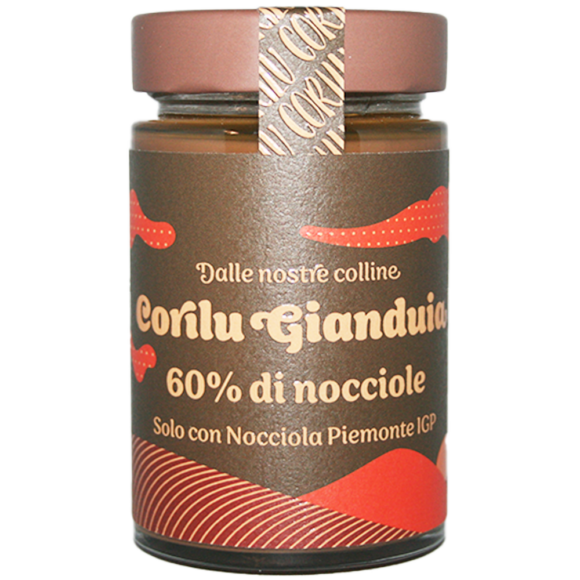 Pâte à tartiner aux noisettes du Piémont IGP 60% nocciola Piemonte. Gianduja italien, sans huile de palme, artisanale, très riche en Noisettes, onctueuse.