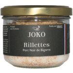 Rillettes de porc noir de Bigorre, conserve de 180g. Effiloché, bien grasses et délicates. Porcs élevés en plein air en haute Pyrénnées.