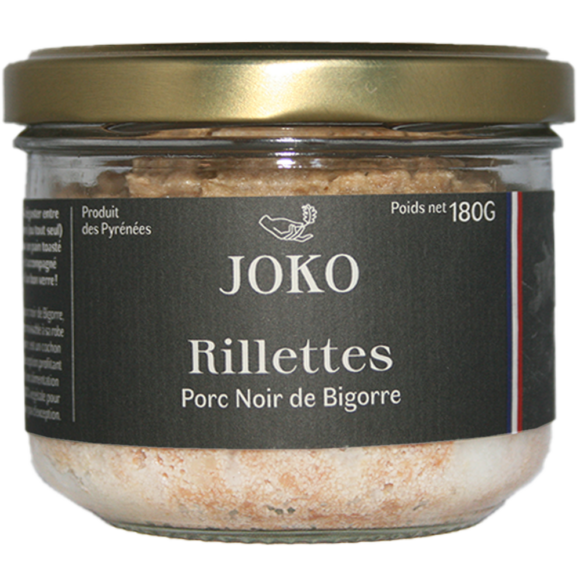 Rillettes de porc noir de Bigorre, conserve de 180g. Effiloché, bien grasses et délicates. Porcs élevés en plein air en haute Pyrénnées.