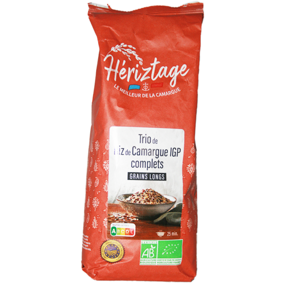 Riz de Camargue IGP trio long complet Bio : composé de 3 riz complets brun, rouge et noir. cuisson rapide, riz produit en agriculture biologique